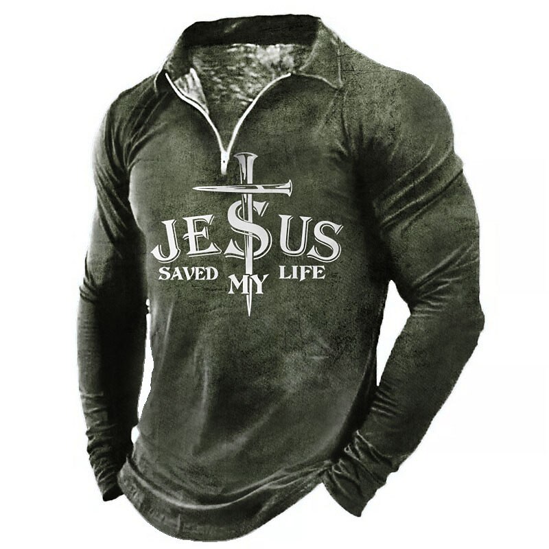 Men's Jesus Christian Zip Polo Shirts Golf Shirt Long Sleeve Polo Shirts Collared Shirts Vintage Casual Vacation Wear Festival Wear Party Outfits 3D Print Quarter Zip Polo Black Blue Green 2025 - $23.99 –P1