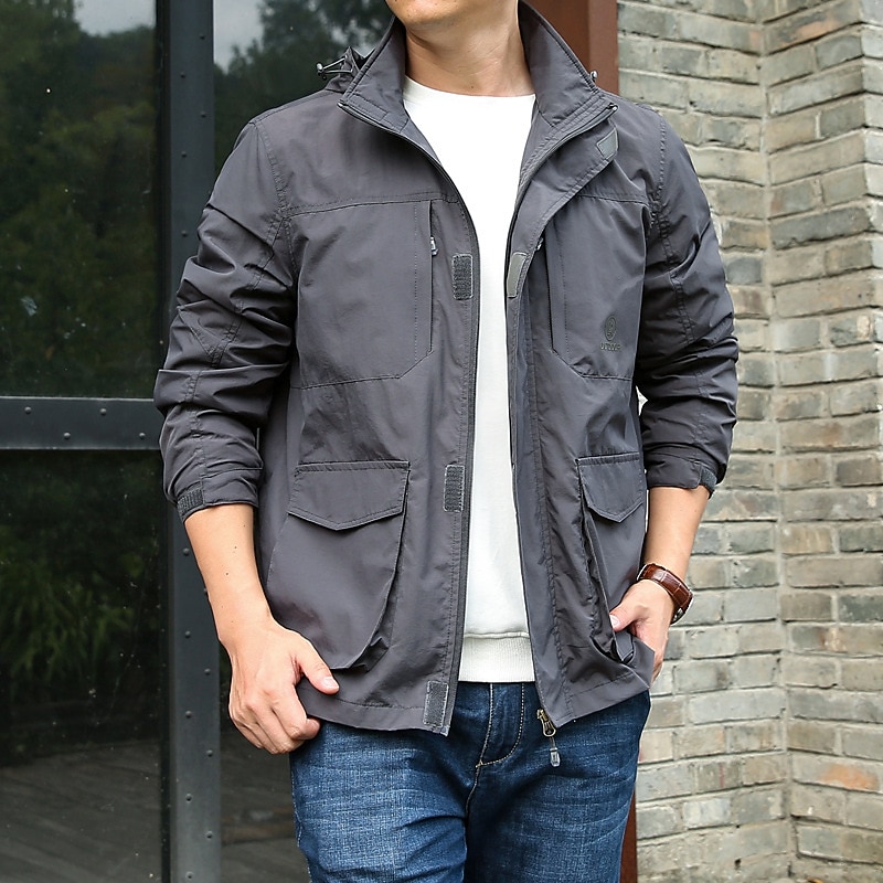 Hombre Chaqueta ligera Chaqueta de verano Chaqueta utilitaria Chaqueta tipo cargo Exterior Vacaciones Templado Bolsillo Otoño Invierno Plano Moda Ropa de calle Con Capucha Regular Negro Caqui Azul 2026 - $47.99 –P8