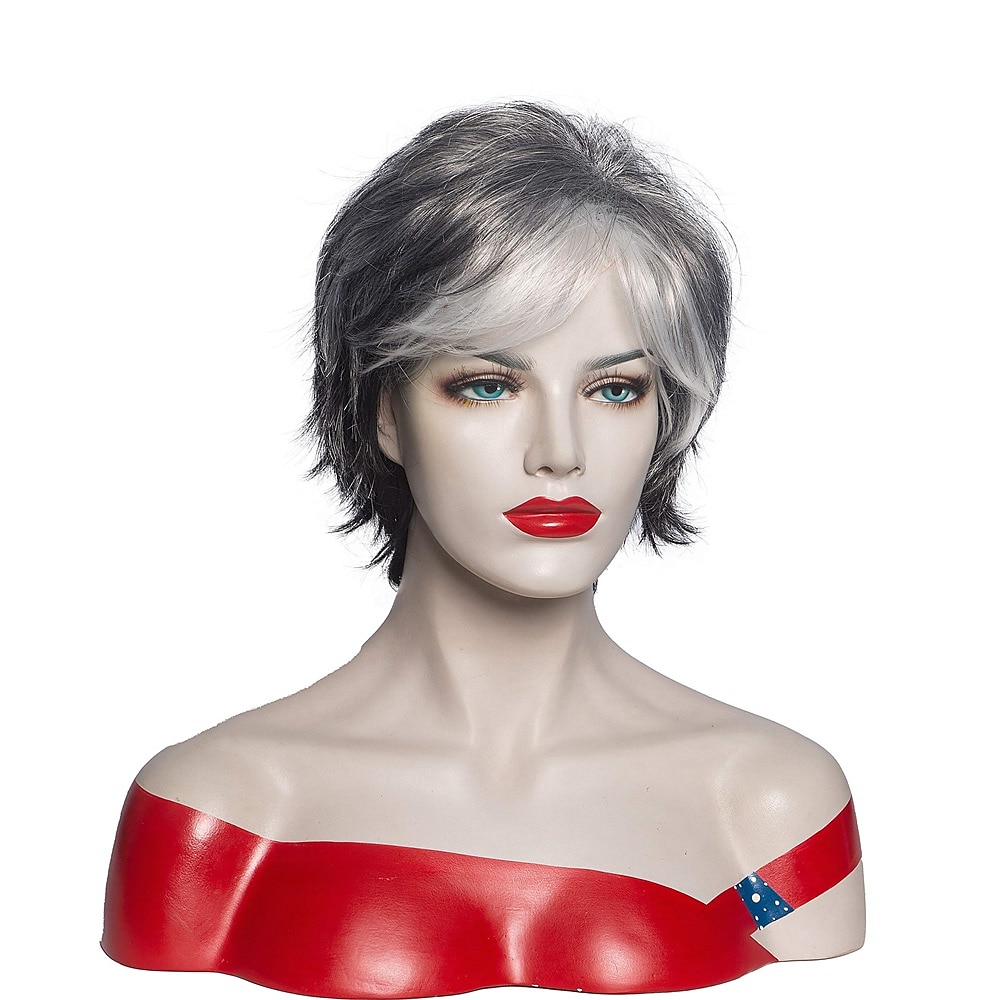 parrucche corte grigie pixie cut per donna capelli sintetici a strati parrucca grigia mista con frangia bianca parrucche ondulate naturali per vecchia signora del 2025 a $24.99 –P6