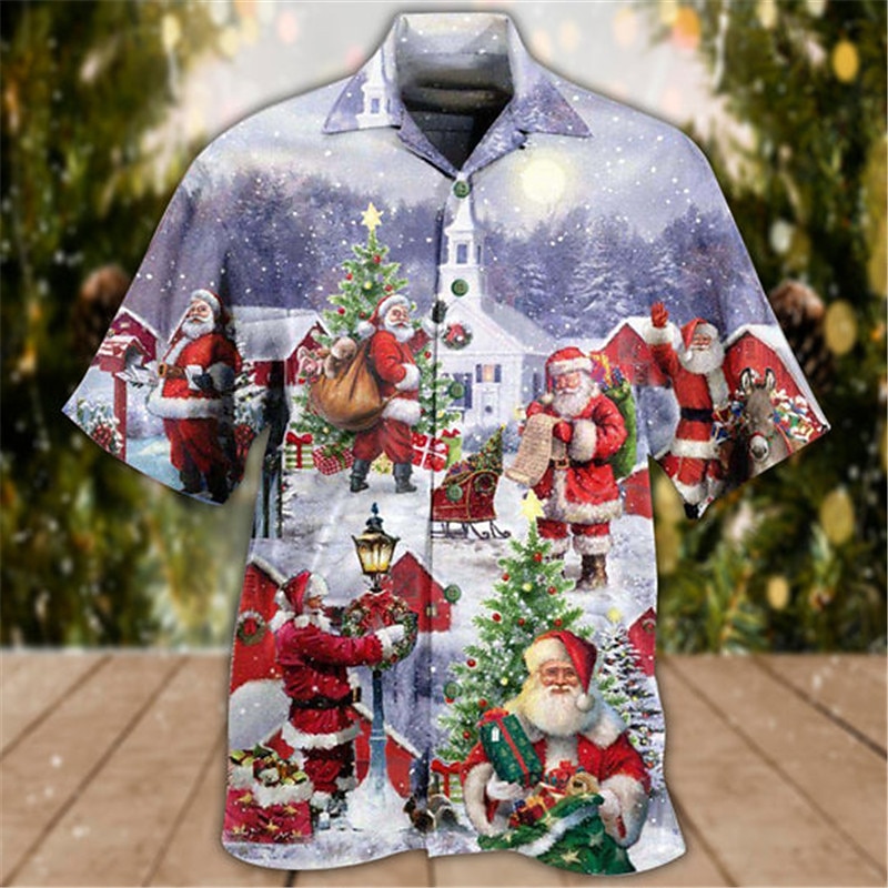 Weihnachtshemden Herrenhemd Weihnachtsmann Grafikdrucke Turndown blau grau 3D-Druck Weihnachten Straße Kurzarm Button-Down-Druck Kleidung Bekleidung Modedesigner lässig 2025 - $24.99 –P2