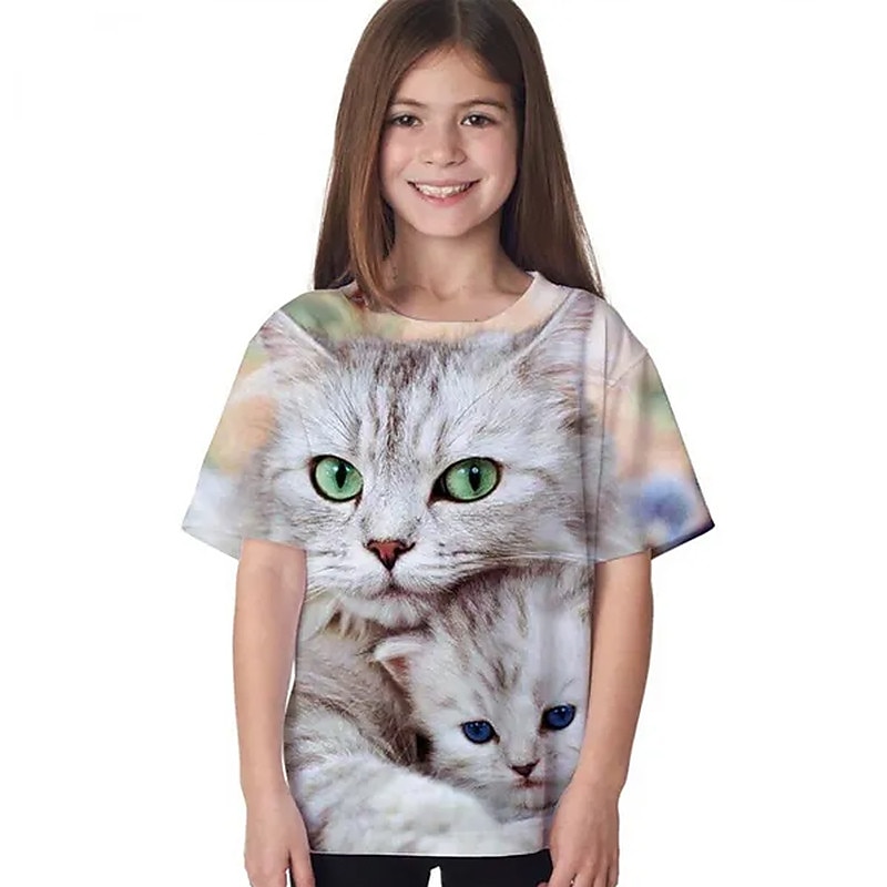 Bambino Da ragazza maglietta Animali Informale Manica corta Girocollo stile sveglio 7-13 anni Estate Nero Bianco Blu marino del 2025 a $11.99 –P3