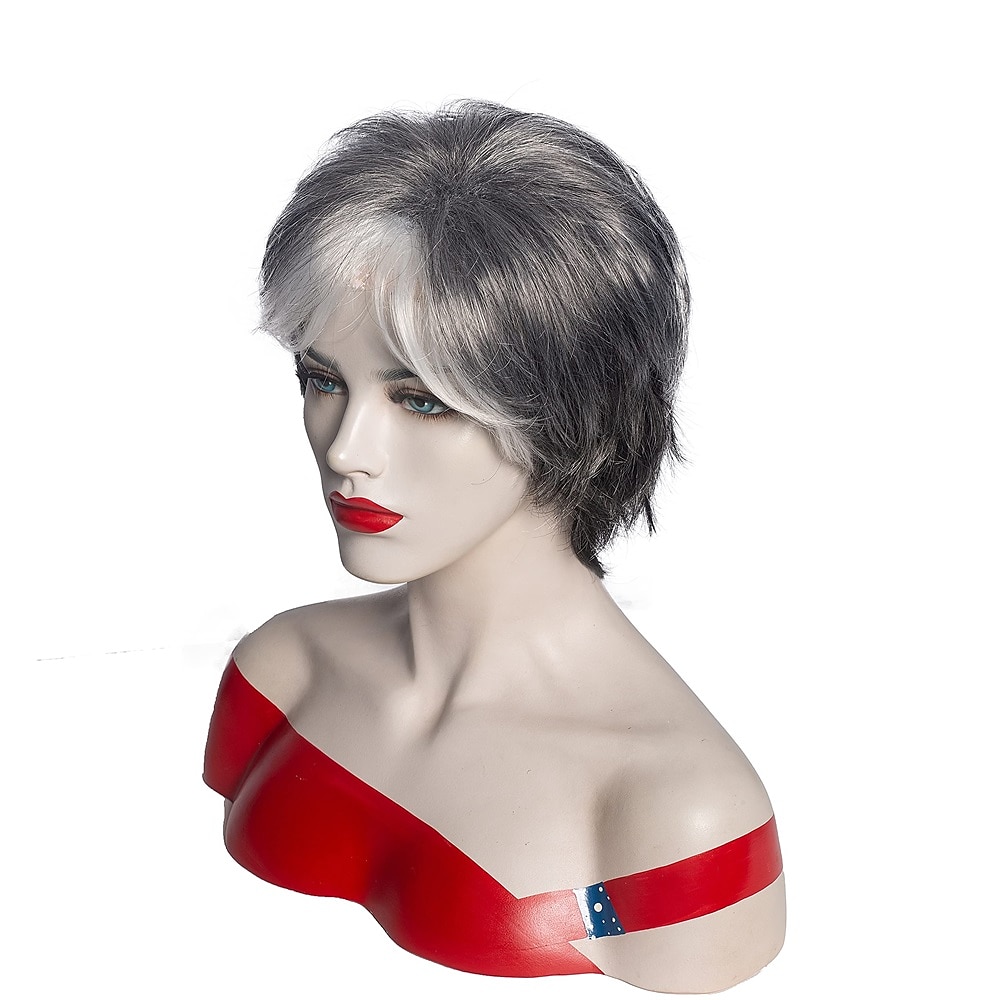 parrucche corte grigie pixie cut per donna capelli sintetici a strati parrucca grigia mista con frangia bianca parrucche ondulate naturali per vecchia signora del 2025 a $24.99 –P5