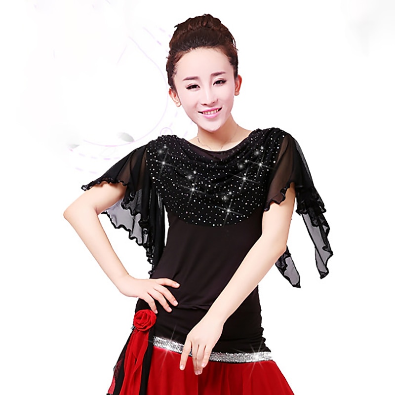 Latin Dance Ballroom Dance Sparkle Top Ruffles Pure Color Women's Performance Training Short Sleeve Polyester 2025 - $20.99 –P4