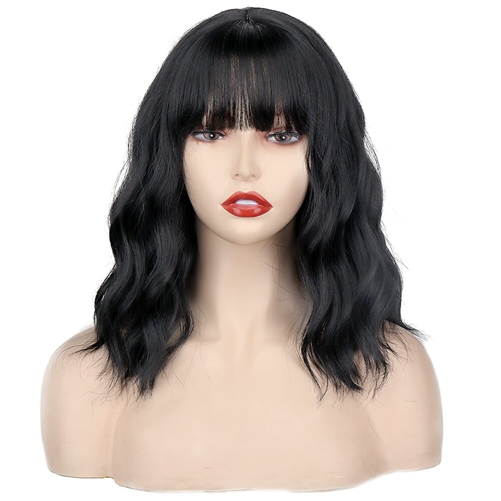 kurze platinblonde Damenperücken weißblonde gewellte Perücke mit Pony mittellange platinblonde gewellte Synthetikperücke für den täglichen Gebrauch 2025 - $28.99 –P4