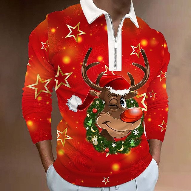 kerst heren kerstman 3d rits polo golf kerstman turndown wijn wit+rood rood+legergroen+wit zwart wit 3d print straat casual lange mouw rits print kleding kleding modeontwerper 2025 - $20.99 –P2
