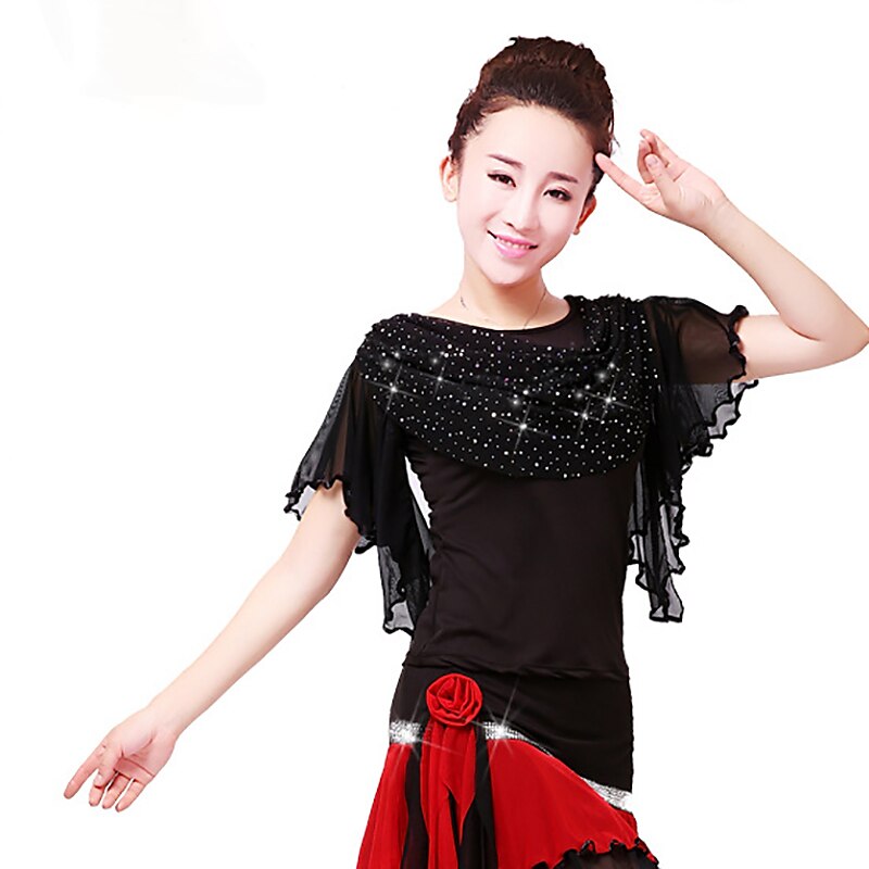 Latin Dance Ballroom Dance Sparkle Top Ruffles Pure Color Women's Performance Training Short Sleeve Polyester 2025 - $20.99 –P5