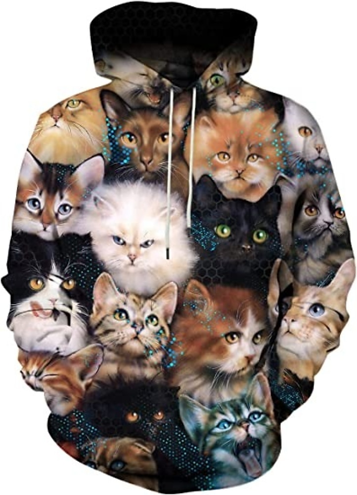 Hombre Graphic Caricatura Gato Sudadera Sudaderas Activo Estilo lindo Manga Larga Con Capucha Diario Azul vaquero Negro Bolsillo delantero Diseñador 2025 - $29.99 –P4