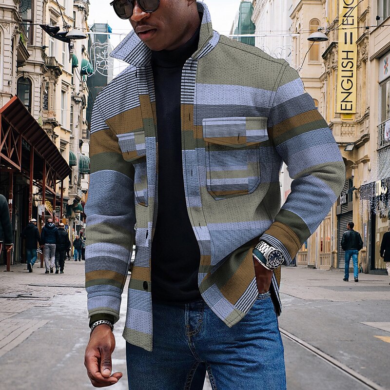 Homme Rayé Formes Géométriques Chemise à col Chemise polaire Veste chemise manche longue Vêtement de rue Sportif Décontractées Extérieur du quotidien Sortie Eté Printemps Col rabattu Poche Imprimer de 2026 ? $35.99 –P2