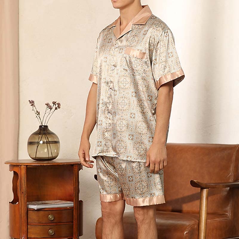 Miesten Uniasut Yöpukusarja Silkkipyjama Pyjama toppi ja shortsit 1set Pilkku Yksinkertainen Mukavuus Koti Päivittäin Tekosilkki Hengittävä Kauluskäänne Lyhythihainen Shortsit Tasku Syksy Kevät Viini 2025 - $34.99 –P11