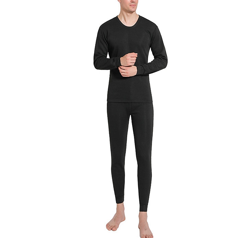 Men's Thermal Underwear Sleepwear Thermal Set Pure Color Basic Fashion Comfort Home Polyester Warm Crew Neck Long Sleeve Pant Elastic Waist Winter Fall Black Light gray 2026 - AU $25.39 –P4