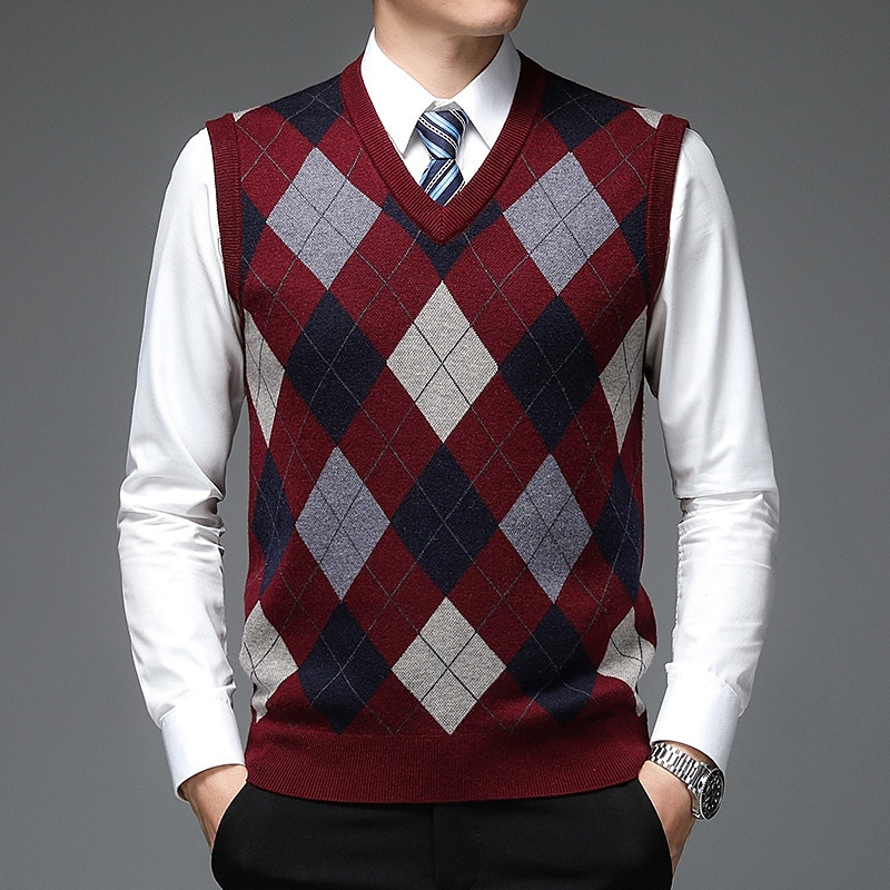 Voor heren Trui Trui vest Herenkleding Truien Stoppen Geribd breien Gebreid Kleurenblok V-hals Modern eigentijds Vrije tijd Werk Alledaagse kleding Kleding Mouwloos Winter Lente & Herfst Kameel Wijn 2025 - $36.99 –P5