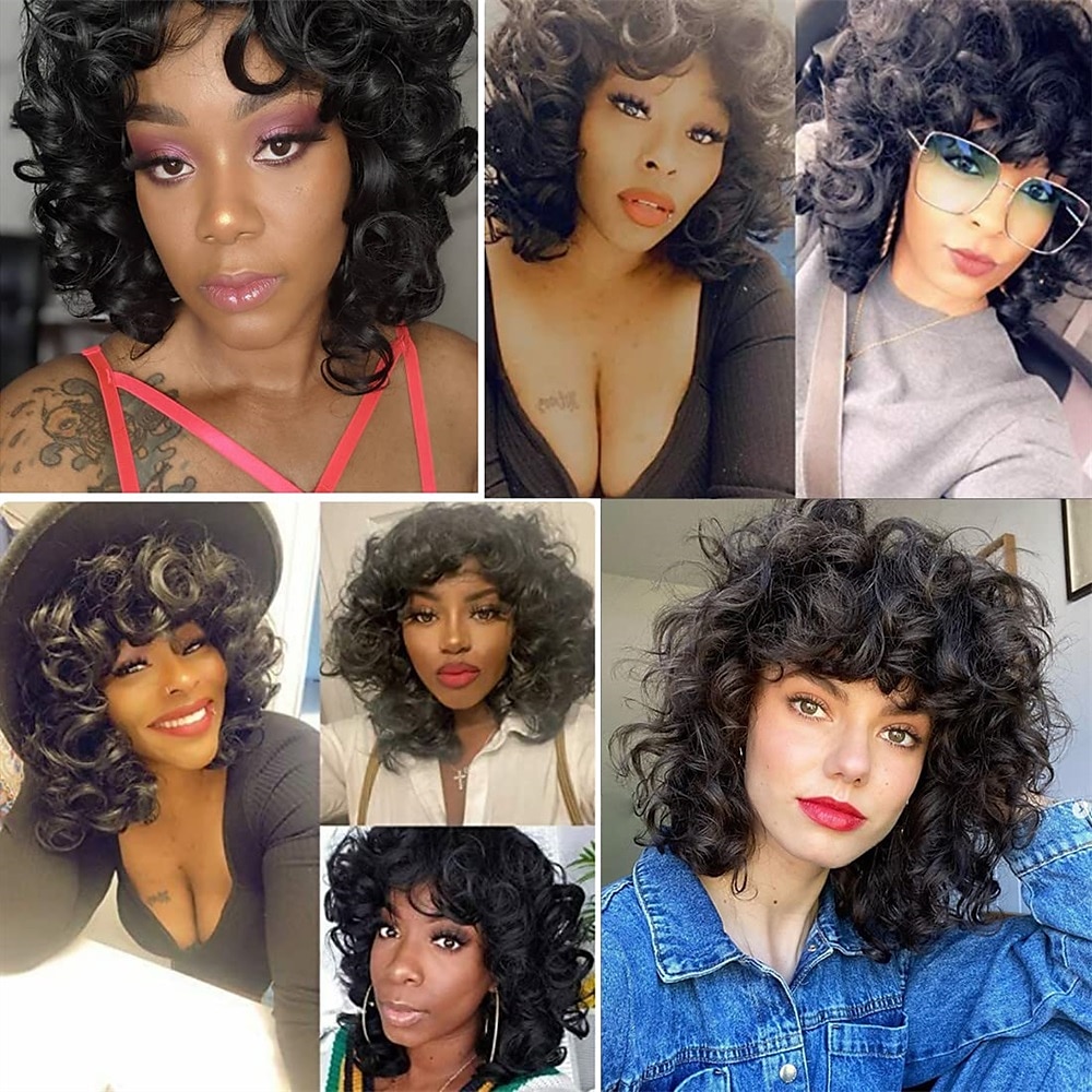 korte krullende pruiken voor zwarte vrouwen zachte zwarte grote krullende pruik met pony afro kinky krullen hittebestendige natuurlijk ogende synthetische pruik voor afro-amerikaanse vrouwen 2025 - $21.99 –P6