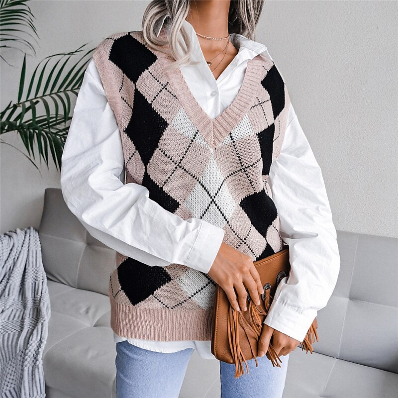 Women's Sweater Vest Pullover Sweater Jumper V Neck Ribbed Knit Acrylic Knitted Fall Winter Outdoor Daily Holiday Stylish Casual Soft Sleeveless Argyle Pink Red S M L 2023 - US $22.99 –P4