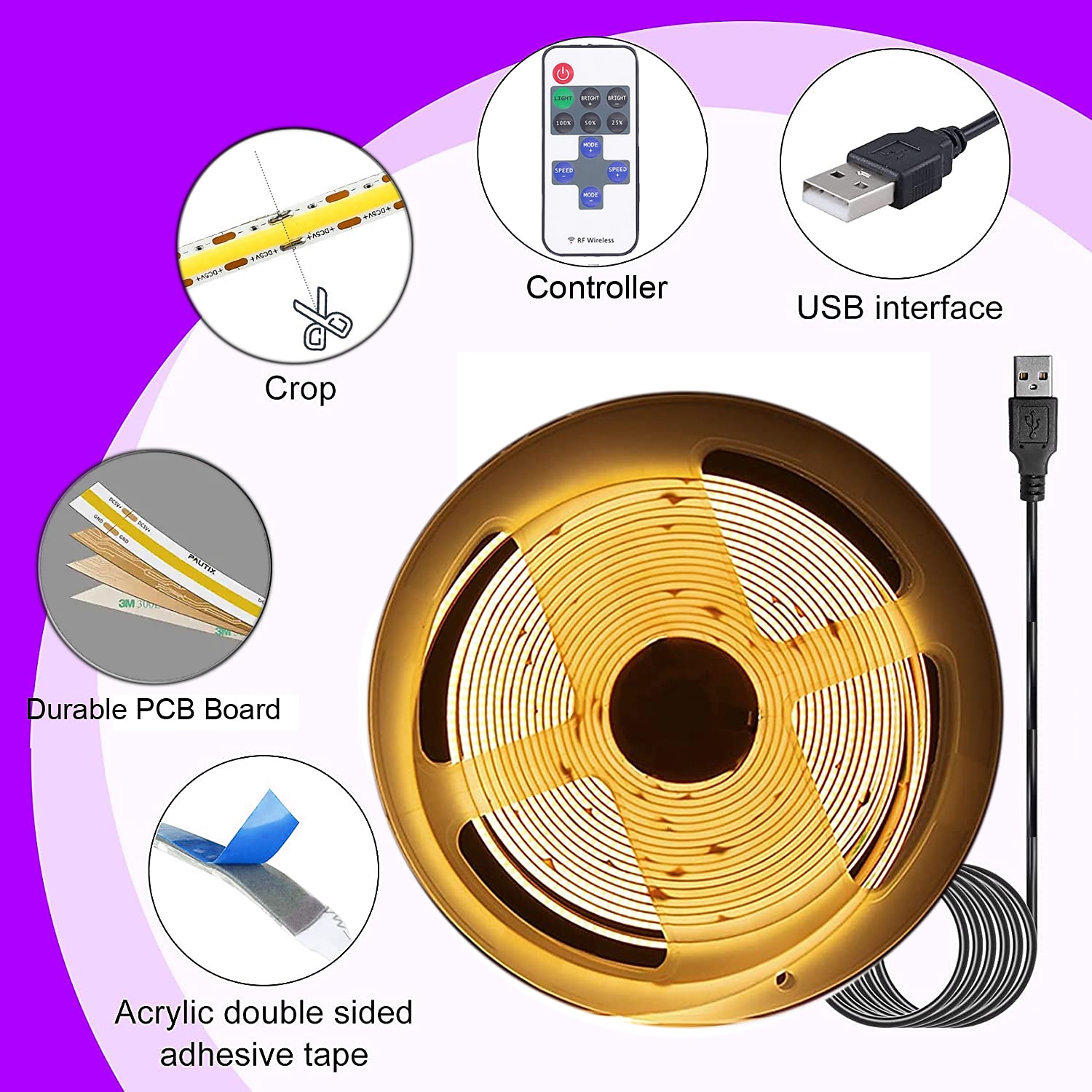 2025年 usb cob led ストリップ ライト 5v 1-4m 調光対応 300led / m cri85 rf リモート コントローラー付き テレビ バックライト キャビネットの下のフレキシブル テープ ランプ 寝室のキッチンや家の diy 照明用 コレクション – $14.99 –P2