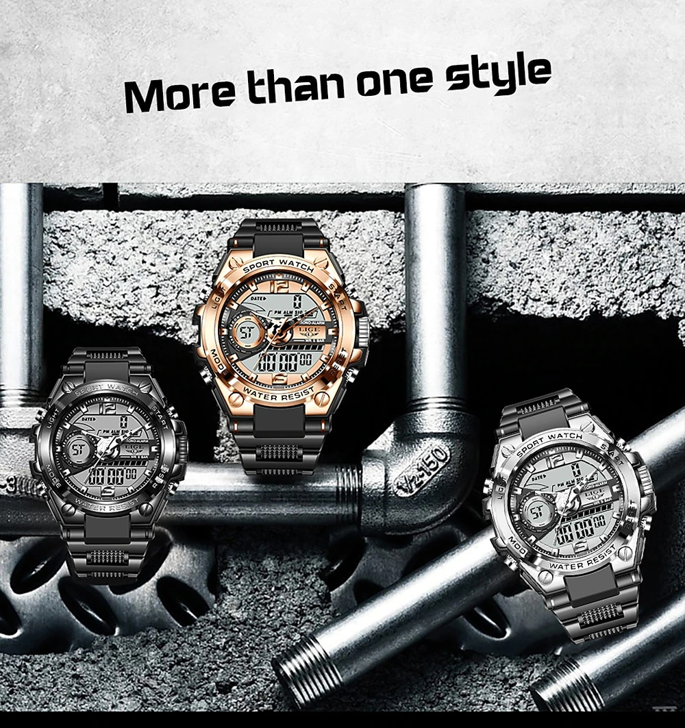 LIGE Mannen Digitale Horloge Chronograaf Militaire Sport Waterdicht Dubbele Weergave Kalender Chronograaf Waterdichte Siliconen Strap Horloge 2026 - $29.99 –P10