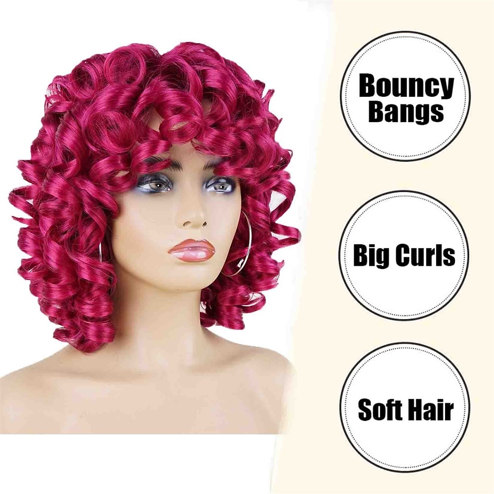 Hot Pink Curly Wigs for Black Women 14 Short Loose Curly Wig with Bangs  YOSILADY Synthetic