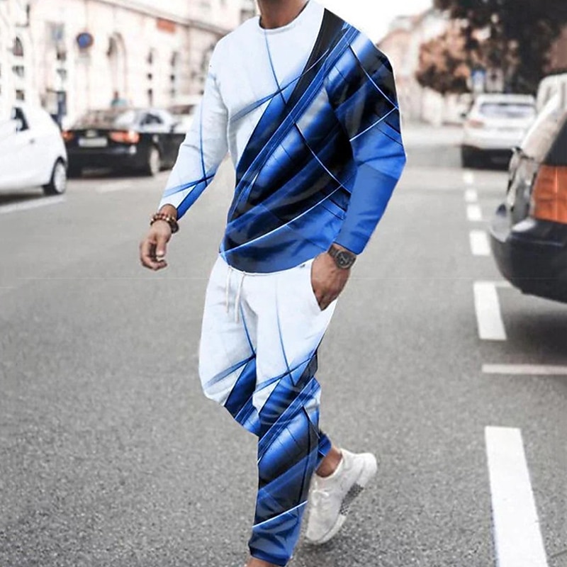 Sudadera y pantalones a rayas para hombre, sudadera con capucha gráfica, conjunto de sudaderas con capucha, rojo, azul, gris claro, cuello redondo, bloque de color, estampado de 2 piezas, 2025 - $39.99 –P1