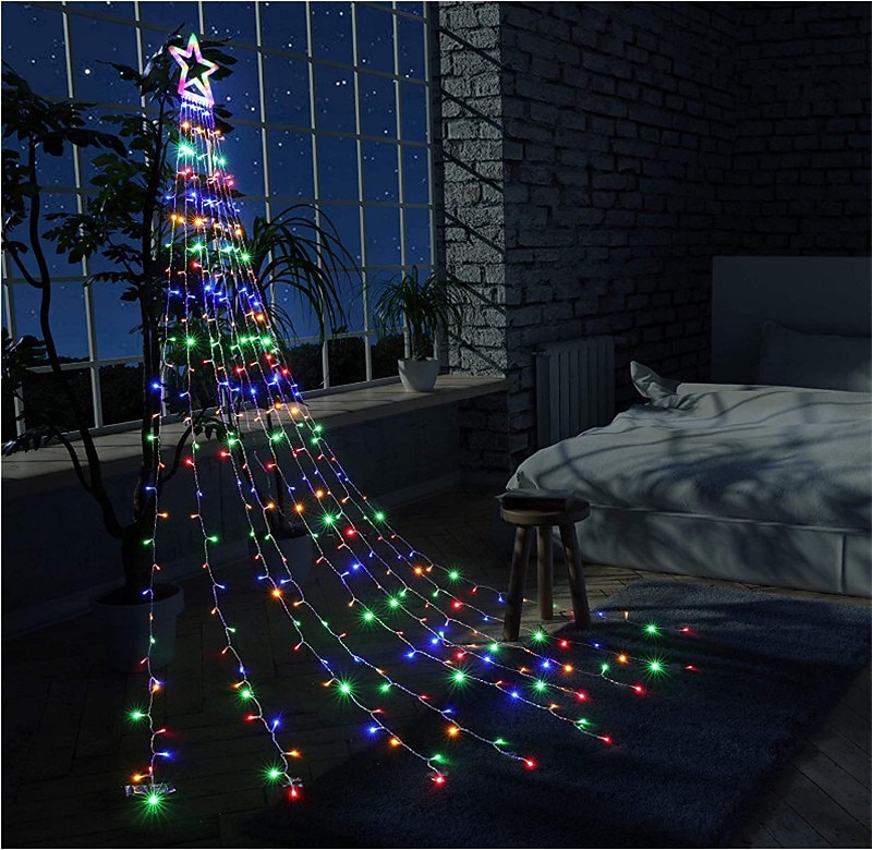 Cadena de luces para árbol de Navidad, decoración al aire libre, cadena de luces de estrellas, 8 modos de enchufe, 350 led, cascada, árbol de Navidad, topper de estrella, luz de hadas para patio, 2025 - $47.99 –P12