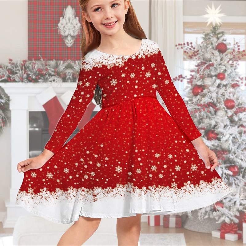Niños Chica Vestido de Navidad Vestido Vestido de copo de nieve Copo Manga Larga Regalos de Navidad Casual Cuello redondo Adorable Diario Poliéster Sobre la rodilla Vestido informal Vestido de 2025 - $16.99 –P1