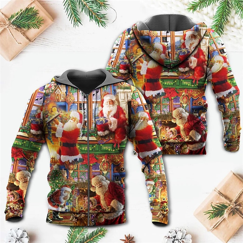 natal masculino cena de natal 3d moletons gráfico jaqueta com zíper completo vermelho verde com capuz papai noel estampas algodão feio de 2025 por $30.99 –P5