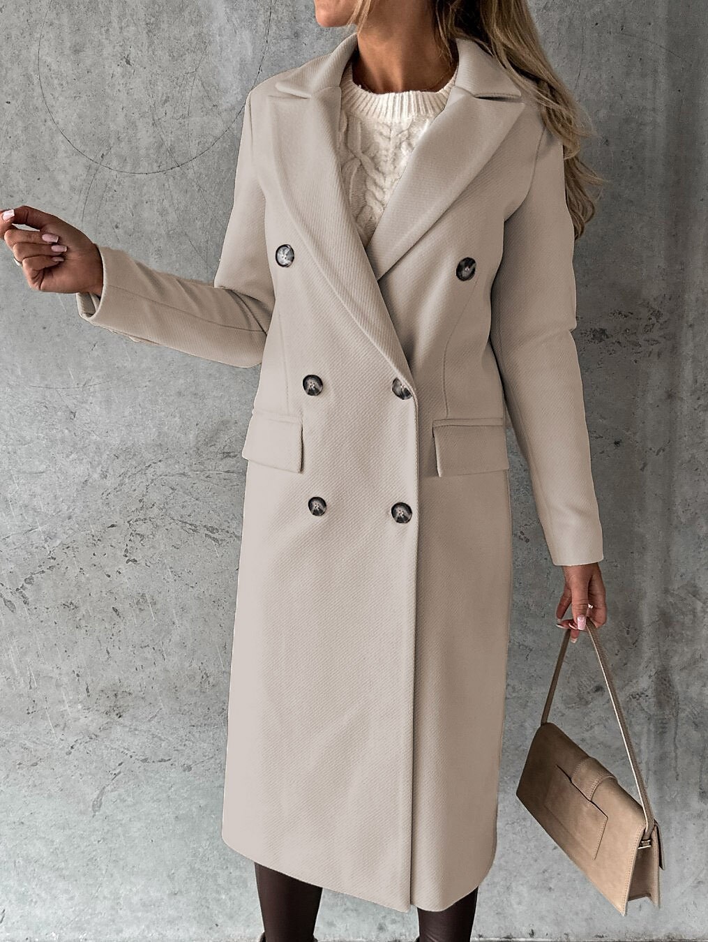 Women's Winter Coat Long Overcoat Double Breasted Pea Coat Notched Lapel Coat Thermal Warm Windproof Trench Coat with Pockets Elegant Outerwear Fall Outerwear Long Sleeve Khaki Black Pink 2023 - US $38.99 –P5