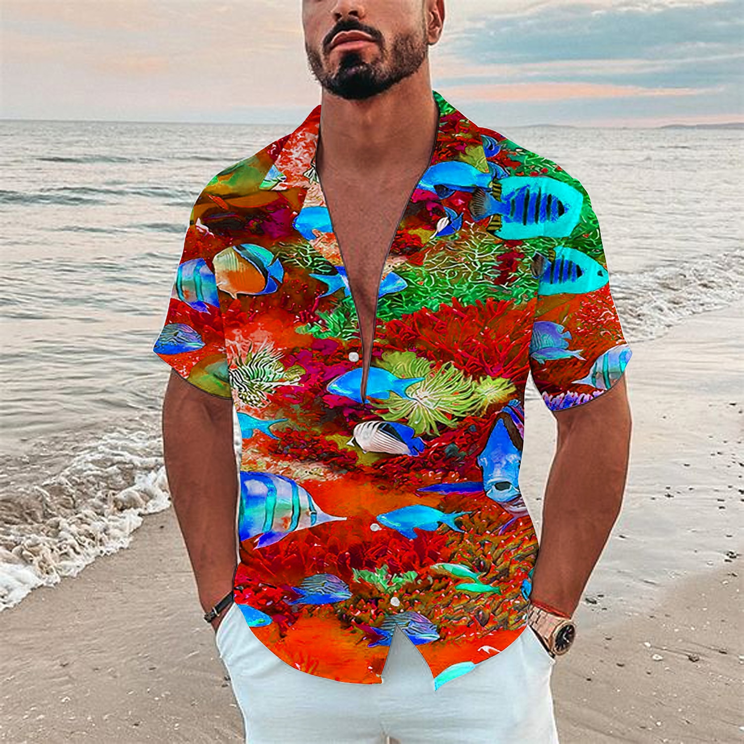 Homme Tropical Poissons Monde sous marin Chemise Chemise hawaïenne Chemise Camp Manche Courte Chemise Col rabattu Mode Design Décontractées Extérieur Plein Air Casual Mer bleue Noir bleu marine 3D de 2025 ? $24.99 –P3