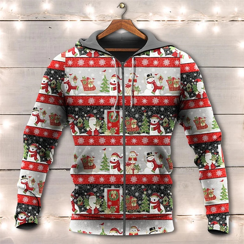 Sweat à capuche 3D Père Noël pour homme, veste entièrement zippée, noir, jaune, rouge, violet, imprimé graphique Père Noël, fermeture éclair moche, imprimé sport&amp;extérieur quotidien de 2025 ? $28.99 –P7