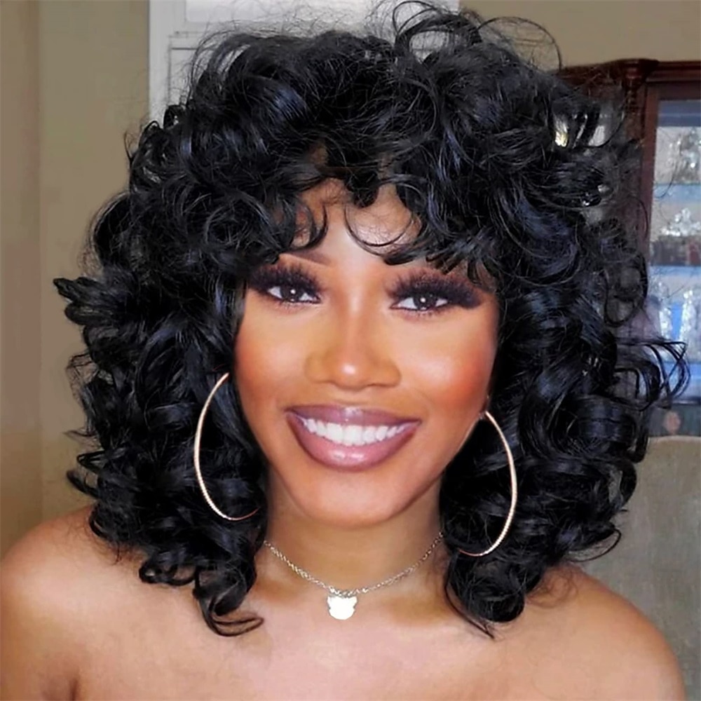 korte krullende pruiken voor zwarte vrouwen zachte zwarte grote krullende pruik met pony afro kinky krullen hittebestendige natuurlijk ogende synthetische pruik voor afro-amerikaanse vrouwen 2025 - $21.99 –P1