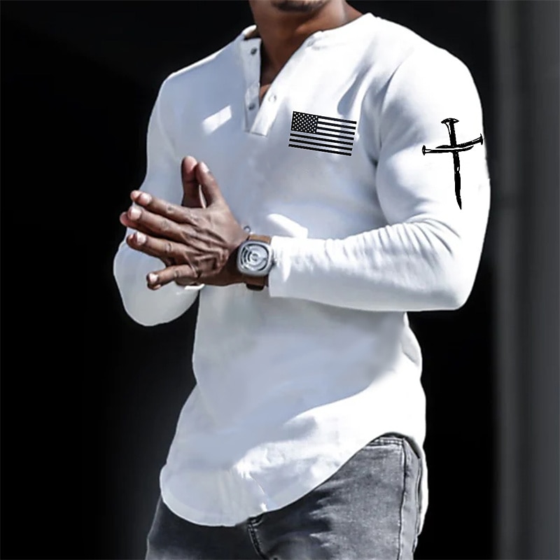 Herr Henleytröja Cool skjorta Långärmad tröja Långärmad Henley Vår & Höst Grafiska tryck Landsflagga Designer Ledigt Bekväm Mönster Button-Down Gata Sport Helgdag Vit Mörkgrå Topp t-shirt för män 2025 - $26.99 –P1