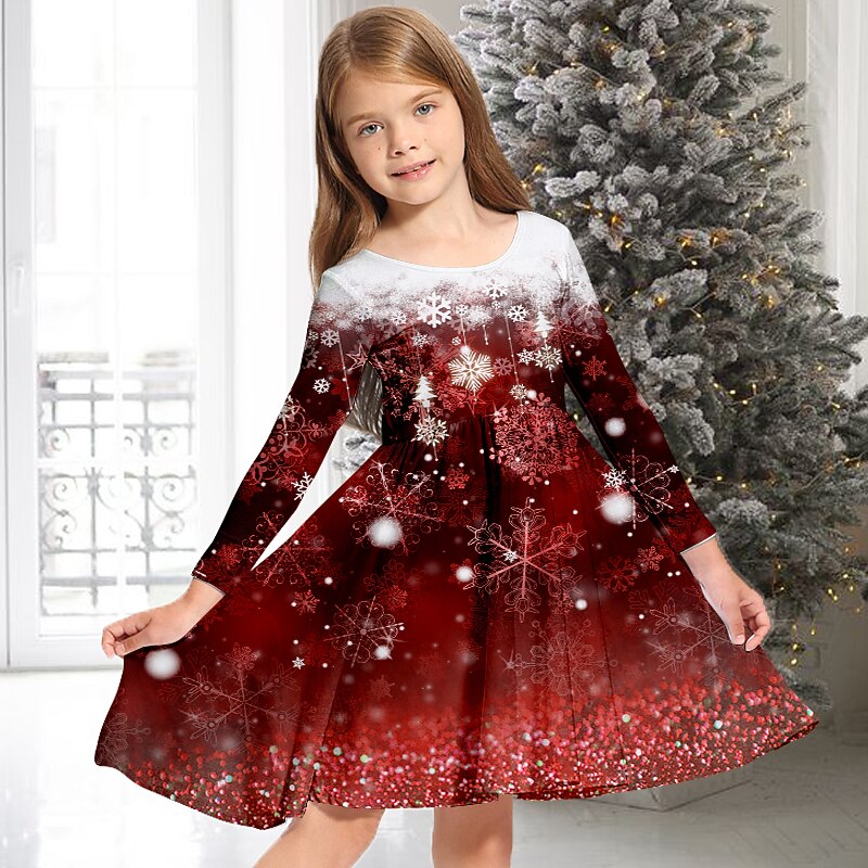 Copii Fete Rochie de Crăciun Rochie Rochie cu fulg de nea Fulg zăpadă Manșon Lung Casual Crewneck Adorabil Zilnic Poliester Sub Genunchi Rochie casual Rochie leagăn Rochie A line Toamnă Iarnă 3-10 ani 2025 - $17.49 –P1