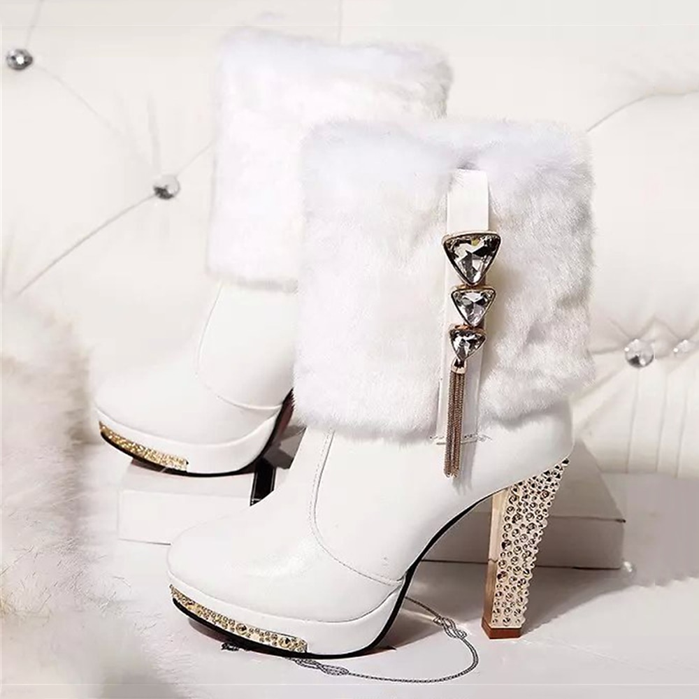 Women's White Faux Fur Ankle Boots with Rhinestone Heels - Elegant Winter High Heels for Parties and Special Occasions 2025 - $54.99 –P3