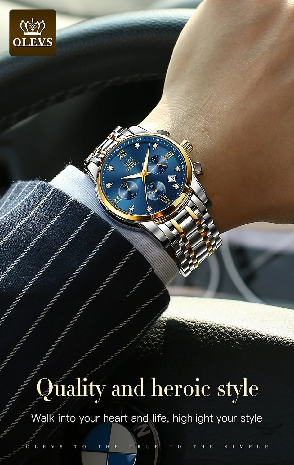 OLEVS Mens Watches Chronograph Luxury Dress Moon Phase Quartz Stainless  Steel Waterproof Luminous Business Calendar Wrist Watch Black Dial