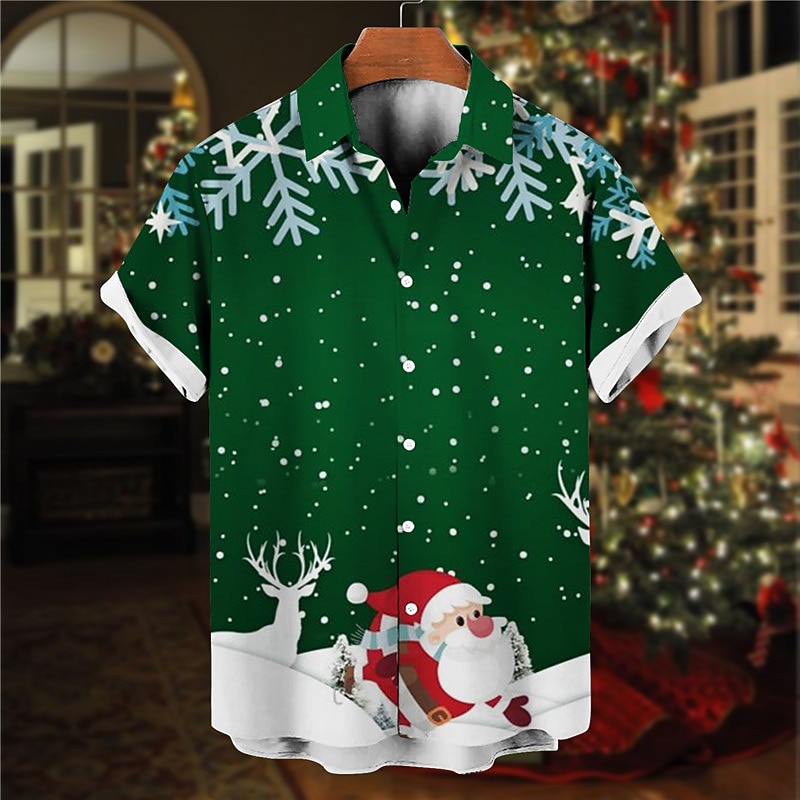 Herr Skjorta jultomten Grafiska tryck Snöflinga Nedvikt Grön Vin 3D-tryck Jul Gata Kort ärm Button-Down Mönster Kläder Mode Designer Lättvikt Ledigt 2025 - $24.99 –P2