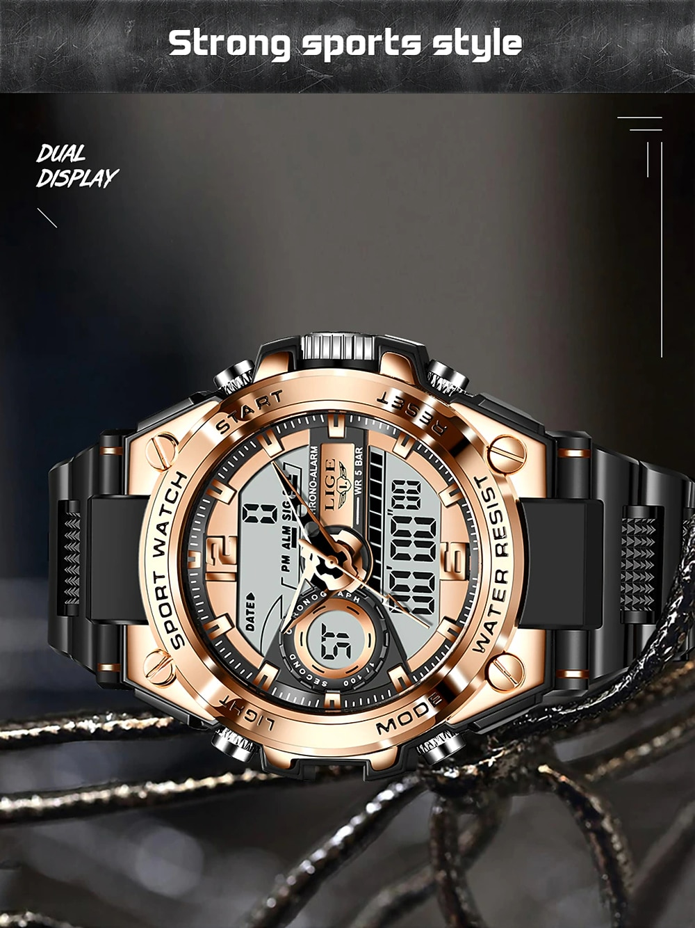 LIGE Mannen Digitale Horloge Chronograaf Militaire Sport Waterdicht Dubbele Weergave Kalender Chronograaf Waterdichte Siliconen Strap Horloge 2026 - $29.99 –P4