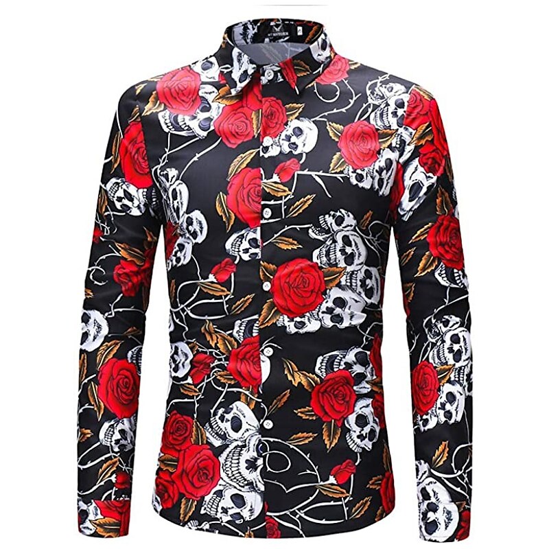 Per uomo Rosa Floreale Teschi Camicia Manica lunga Di tendenza Originale Informale Halloween Strada Informale Autunno inverno Collo ripiegabile Stampa Bottone giù Nero e rosso Vinaccia Nero Bianco del 2025 a $26.99 –P6