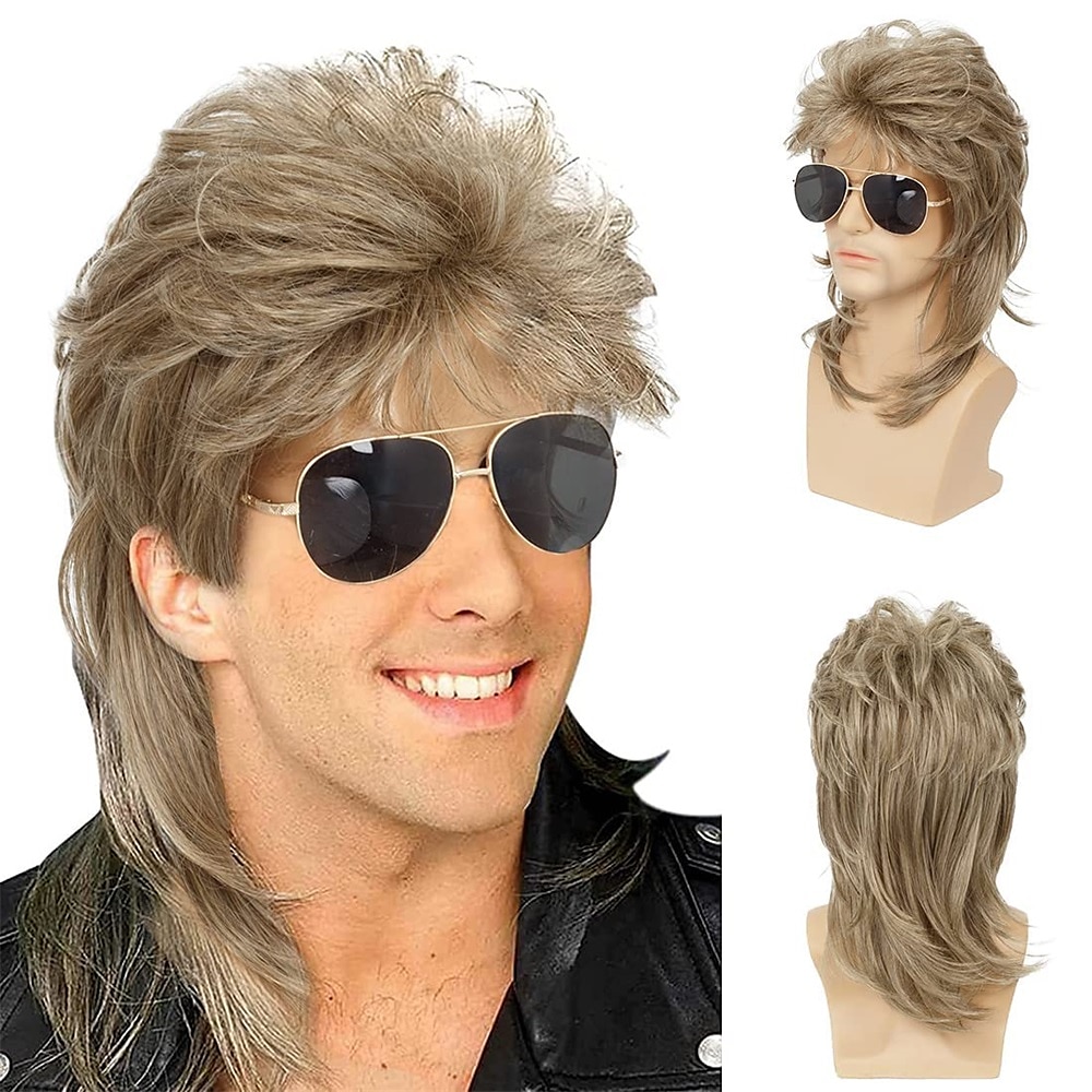 mullet peruk för män 70-tal 80-talskostym snygg festperuk lång blond lockig punk rockerperuk syntetiska kostymer peruker för manliga killar 2025 - $24.99 –P7