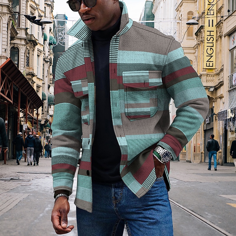 Homme Rayé Formes Géométriques Chemise à col Chemise polaire Veste chemise manche longue Vêtement de rue Sportif Décontractées Extérieur du quotidien Sortie Eté Printemps Col rabattu Poche Imprimer de 2026 ? $35.99 –P3