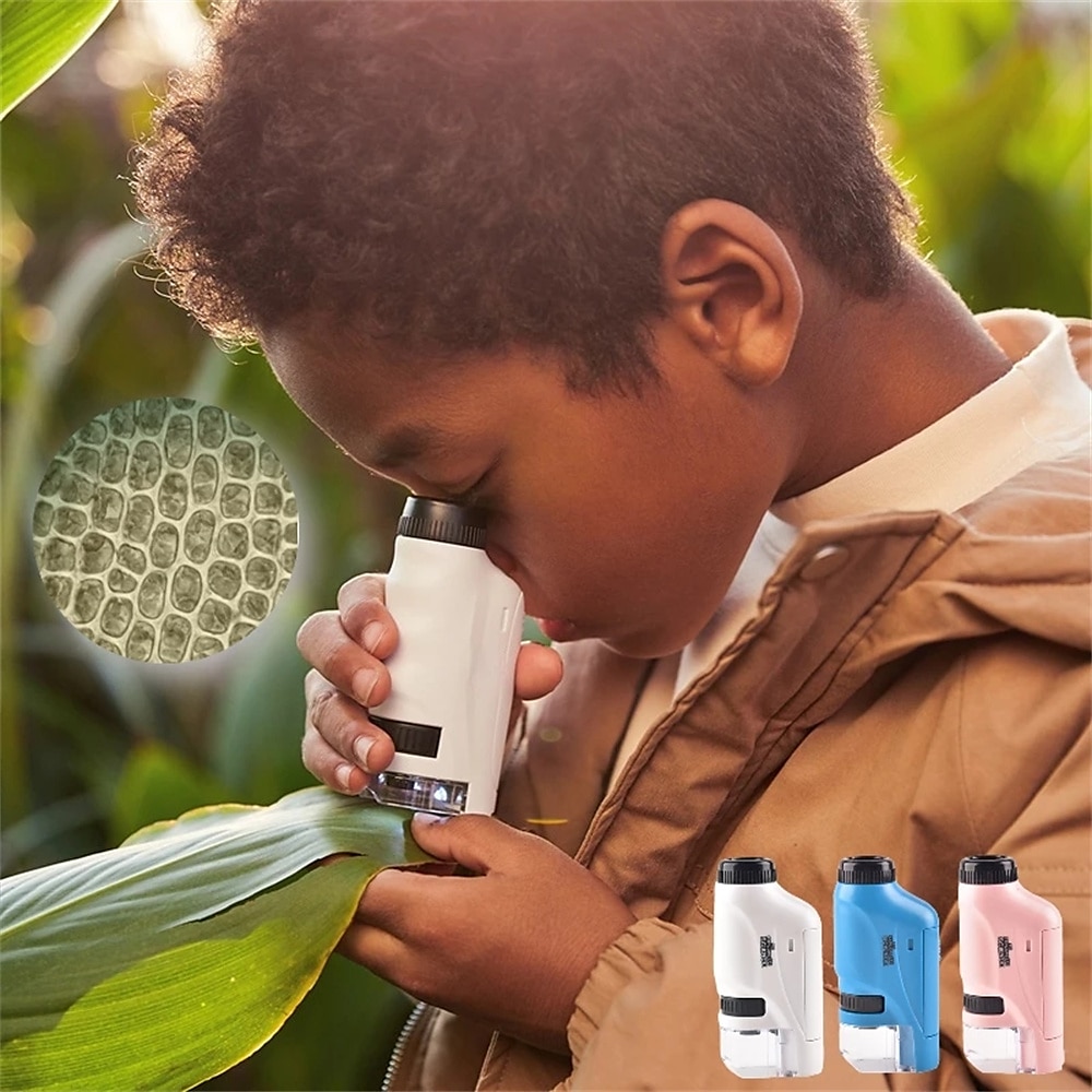 مجموعة مجهر محمول باليد معمل بضوء ليد 60x-120x ألعاب تعليمية للعلوم البيولوجية للأطفال هدية عيد الميلاد 2025 - $29.99 –P1