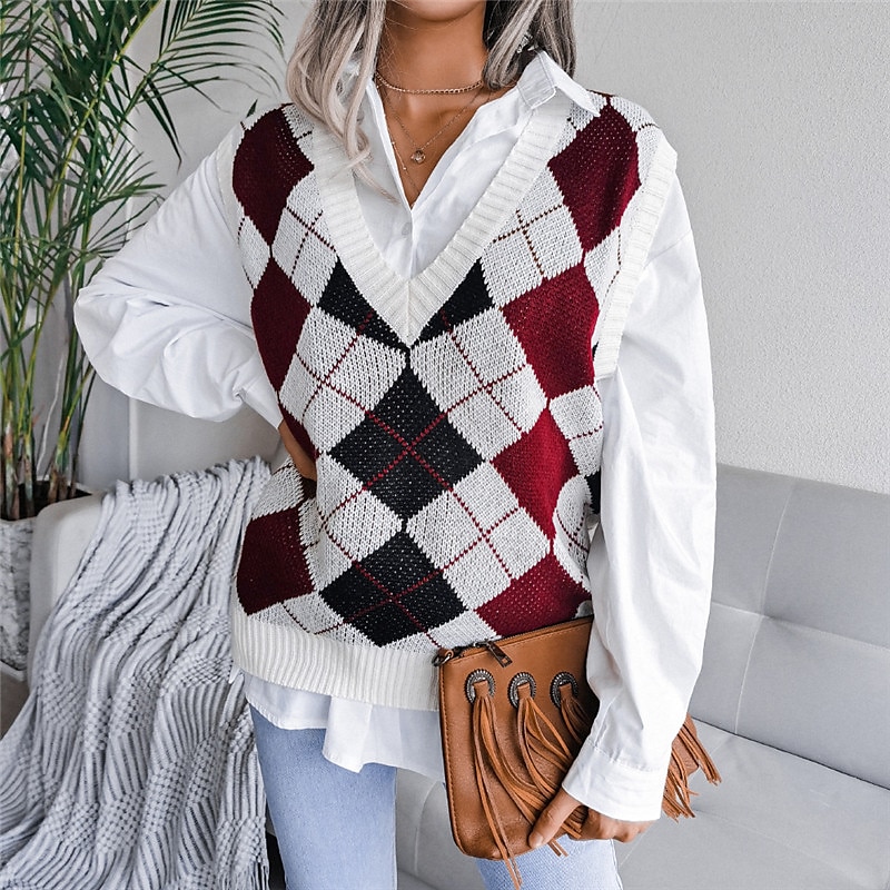 Women's Sweater Vest Pullover Sweater Jumper V Neck Ribbed Knit Acrylic Knitted Fall Winter Outdoor Daily Holiday Stylish Casual Soft Sleeveless Argyle Pink Red S M L 2023 - US $22.99 –P9