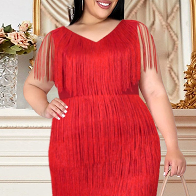 Women‘s Plus Size Sequin Dress Fringe Dress Party Dress Sparkly Dress V Neck Tassel Sleeveless Spring Fall Fashion Elegant Formal Midi Dress Evening 2023 - US $62.99 –P3