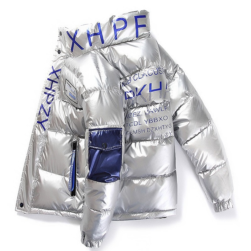 Herr Pufferjacka Vadderad Anorak Ficka Mönster Ficka med blixtlås Utomhussport Resa Kort Elegant och modernt Utomhus Ledigt / vardag Vinter Bokstav Silver Svart Gul Pufferjacka 2025 - $67.99 –P1