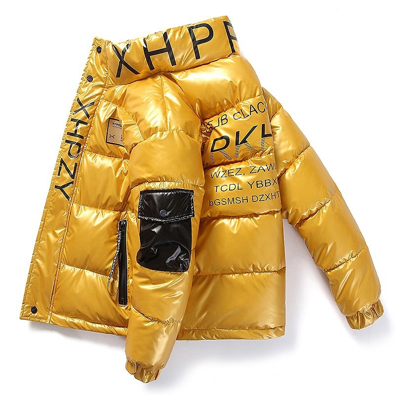 Herr Pufferjacka Vadderad Anorak Ficka Mönster Ficka med blixtlås Utomhussport Resa Kort Elegant och modernt Utomhus Ledigt / vardag Vinter Bokstav Silver Svart Gul Pufferjacka 2025 - $67.99 –P3