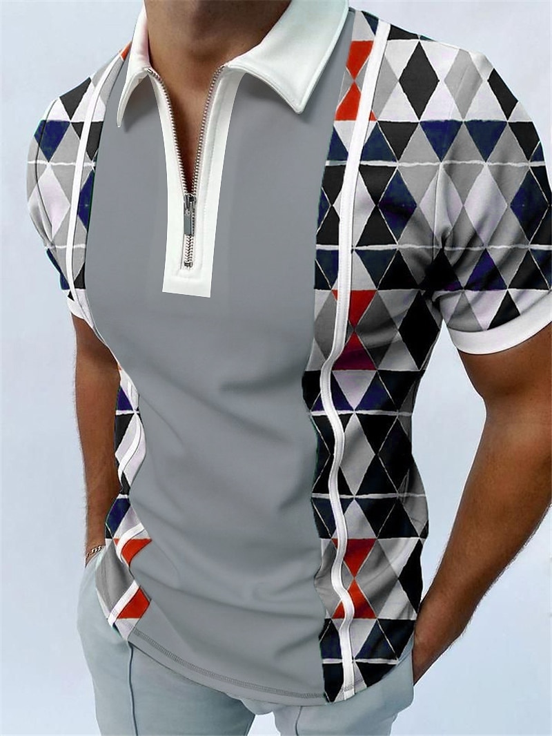 Men's Geometric Zip Polo Shirts Golf Shirt Short Sleeve Polo Shirts Collared Shirts Casual Vacation Wear Formal Wear Festival Wear 3D Print Quarter Zip Polo Black White Red 2025 - $22.99 –P7