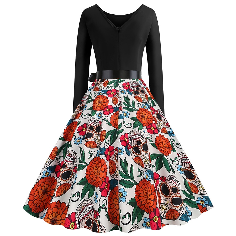 Jaren '50 Retro vintage Over de knie Jurken Swing Jurk Flare Jurk Lange Mouwen Halloween Wijd uitlopend Schommel Kostuum Dames Halloween Halloween Volwassenen Kleding 2026 - $27.99 –P4