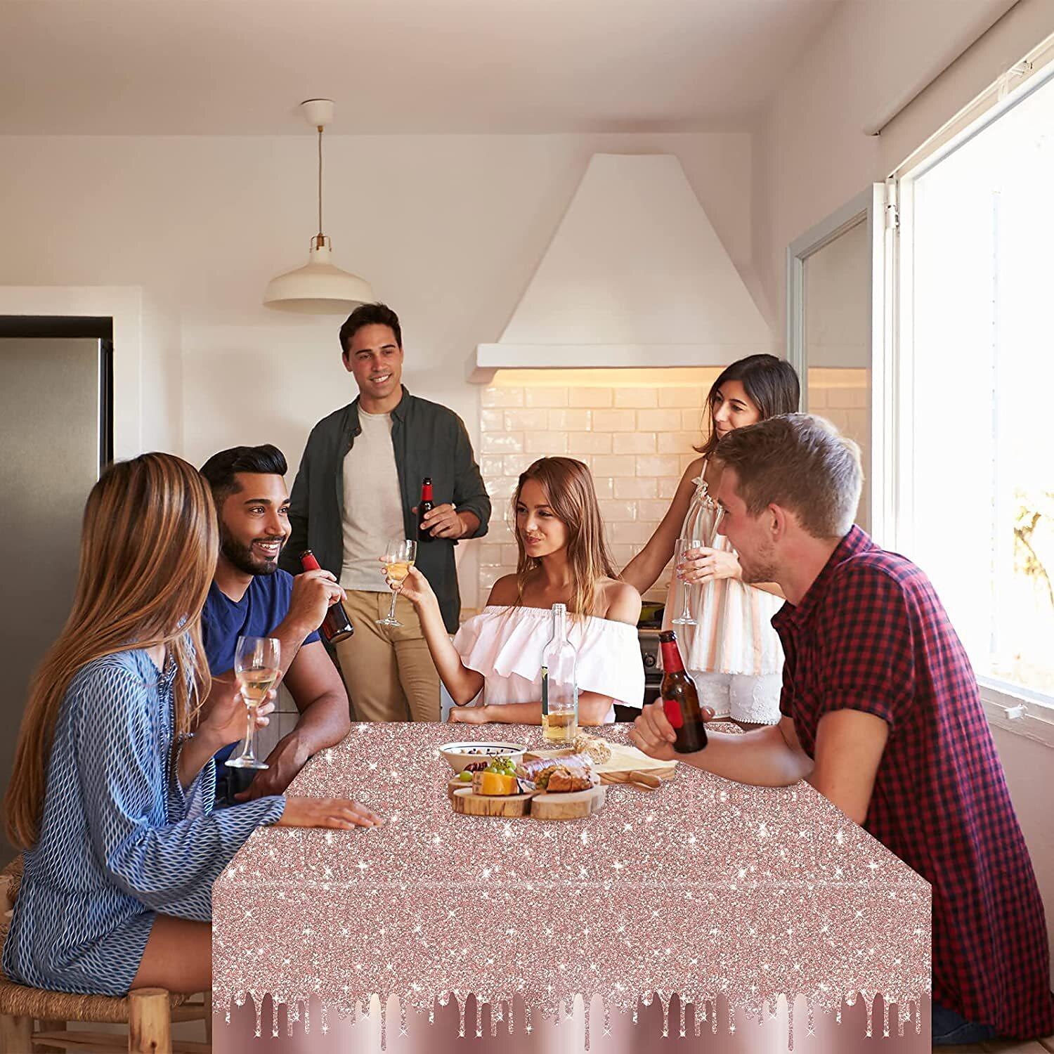Tovaglia usa e getta per feste rosa paillettes oro rosa tovaglie impermeabili in pe per eventi interni o esterni, feste di compleanno, matrimoni 1 pezzo 54"*108" (137*274 cm) del 2025 a $3.99 –P2