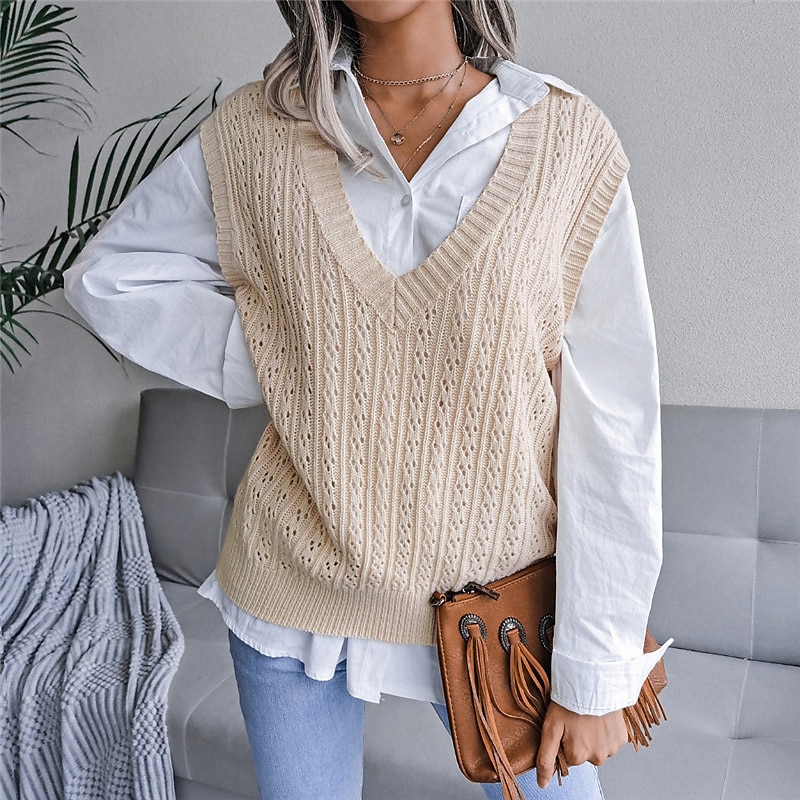 Women's Sweater Vest V Neck Cable Knit Acrylic Knitted Fall Winter Outdoor Daily Holiday Stylish Casual Soft Sleeveless Pure Color Pink Beige S M L 2023 - US $21.99 –P9