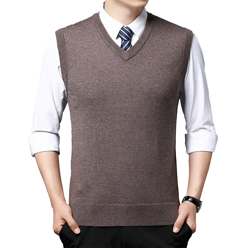 Men's Sweater Vest Dress Sweater Wool Sweater Pullover Sweater Jumper Ribbed Knit Knitted Solid Color V Neck Business Keep Warm Work Daily Wear Clothing Apparel Sleeveless Spring & Fall Camel Black 2025 - $27.99 –P10