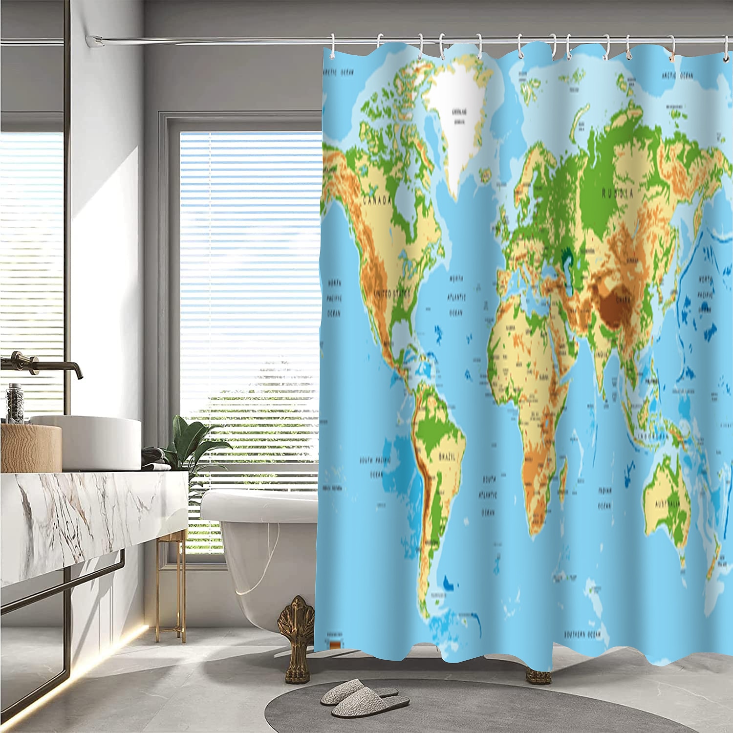 Shower Curtain with Hooks 180cm*180cm(70"*70") Polyester Washable Waterproof World Map Pattern 2025 - $27.99 –P3