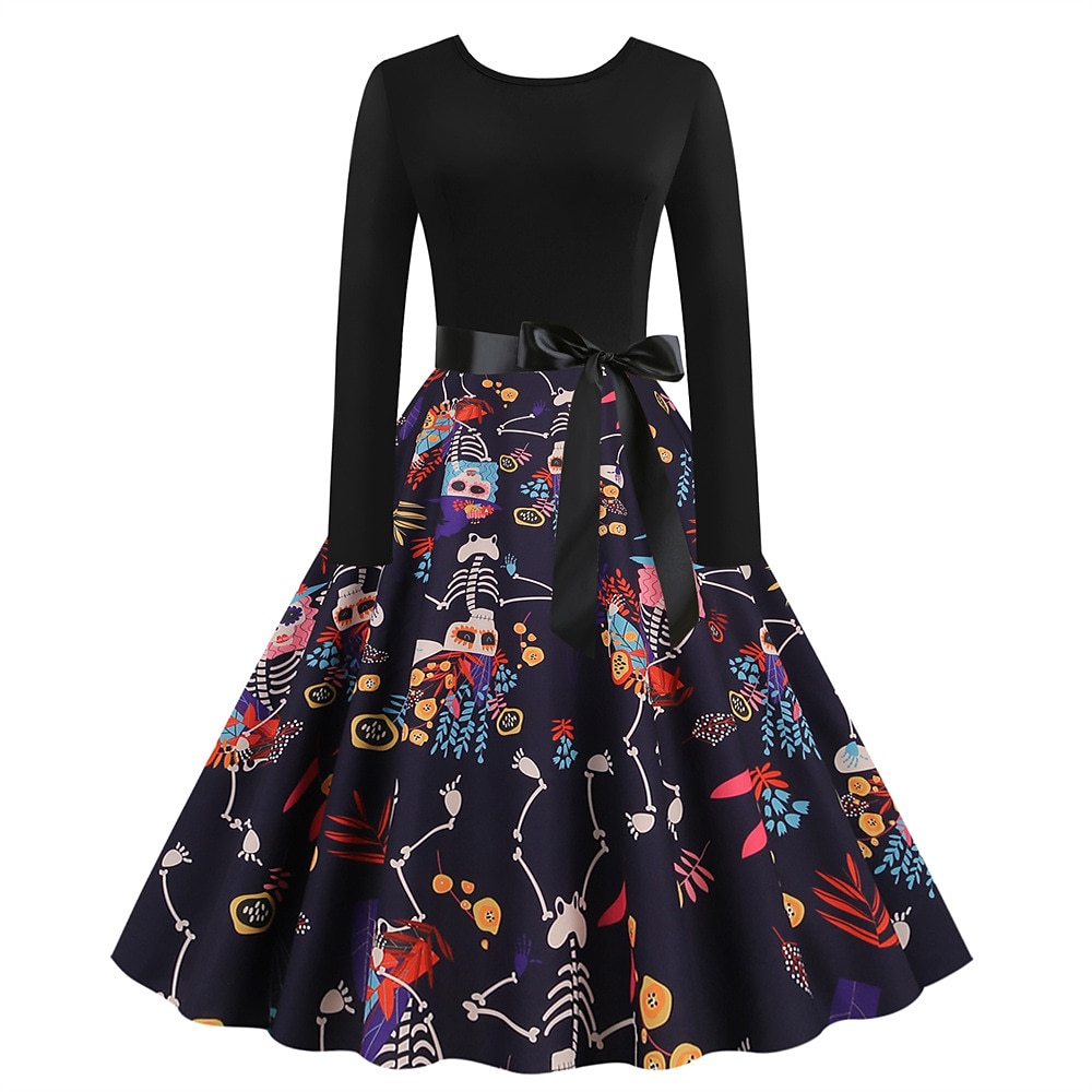Jaren '50 Retro vintage Over de knie Jurken Swing Jurk Flare Jurk Lange Mouwen Halloween Wijd uitlopend Schommel Kostuum Dames Halloween Halloween Volwassenen Kleding 2026 - $27.99 –P11