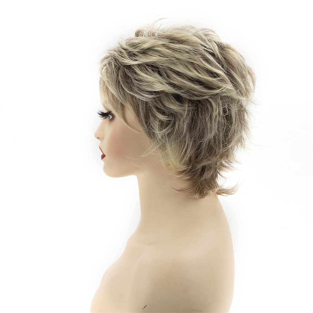 parrucche corte bionde pixie cut per donne bianche parrucche sintetiche bionde ombre marrone scuro parrucca dall'aspetto naturale del 2025 a $23.99 –P6